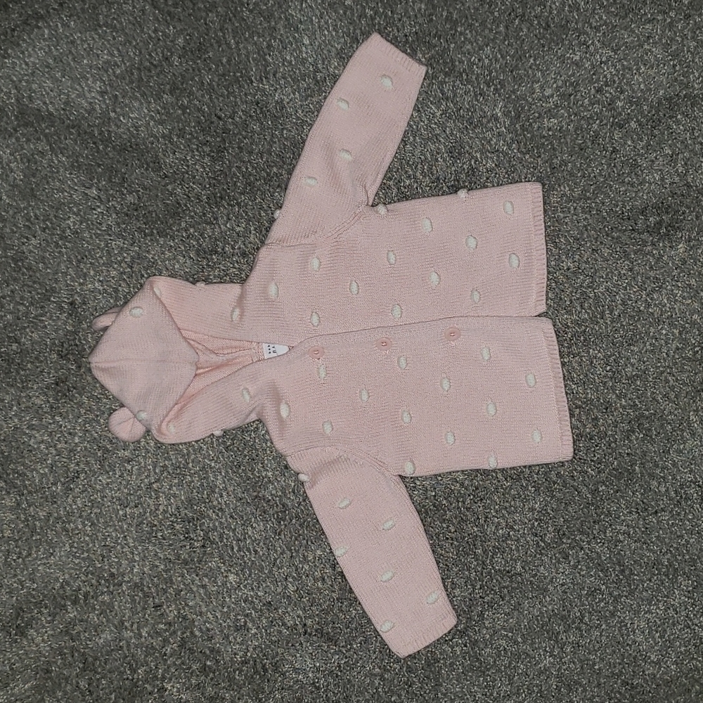 Baby Gap Girl Cardigan Knit Sweater Bear Hooded Jacket Pink White Polka Dot 3-6M